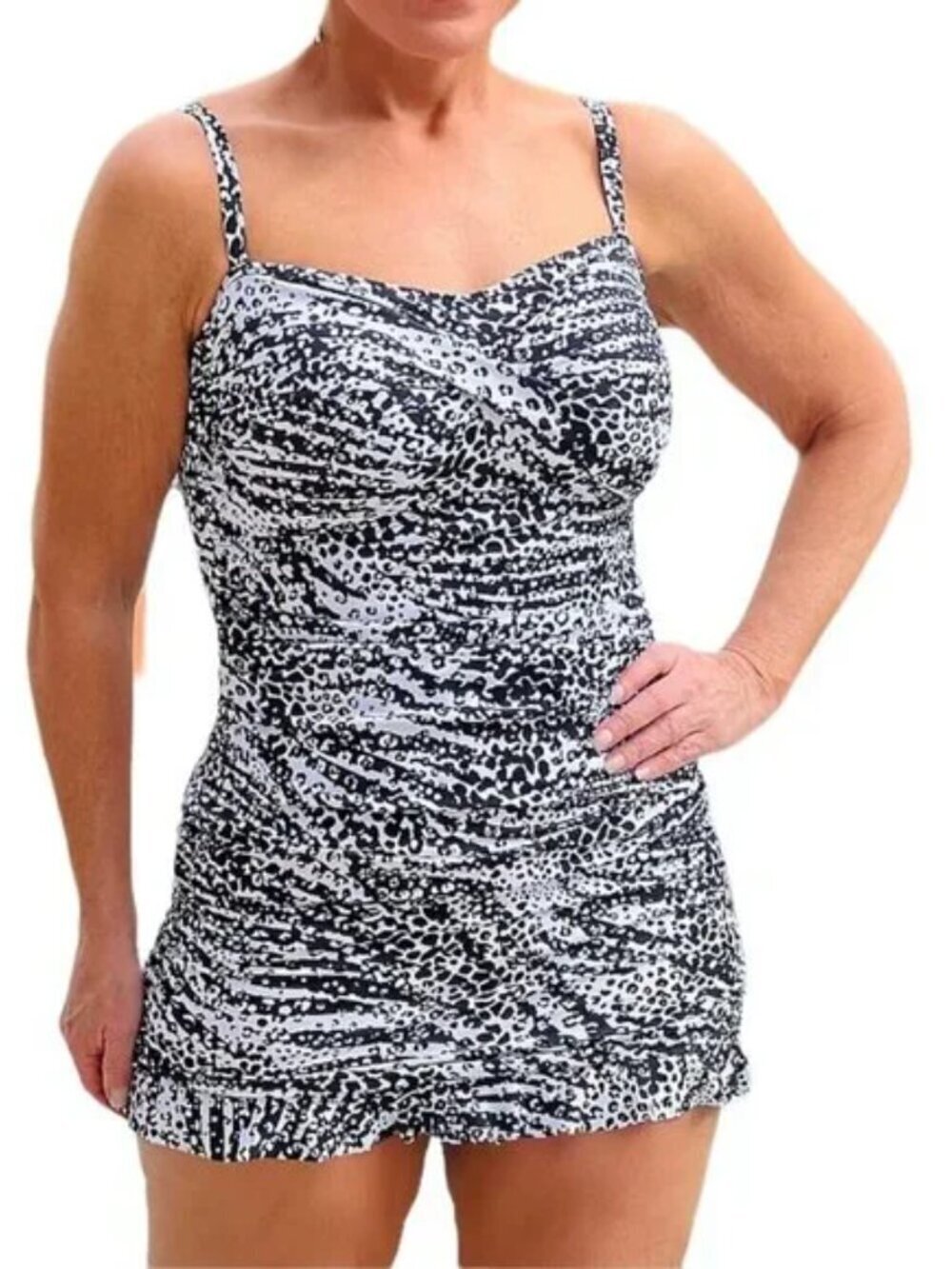 Kim Gravel skirted tank swimsuit swim Zebra black white ruching one-piece new 10